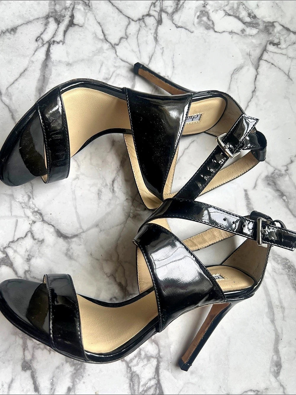 Charles David Black Patent Ankle Strap Heels US 4.5